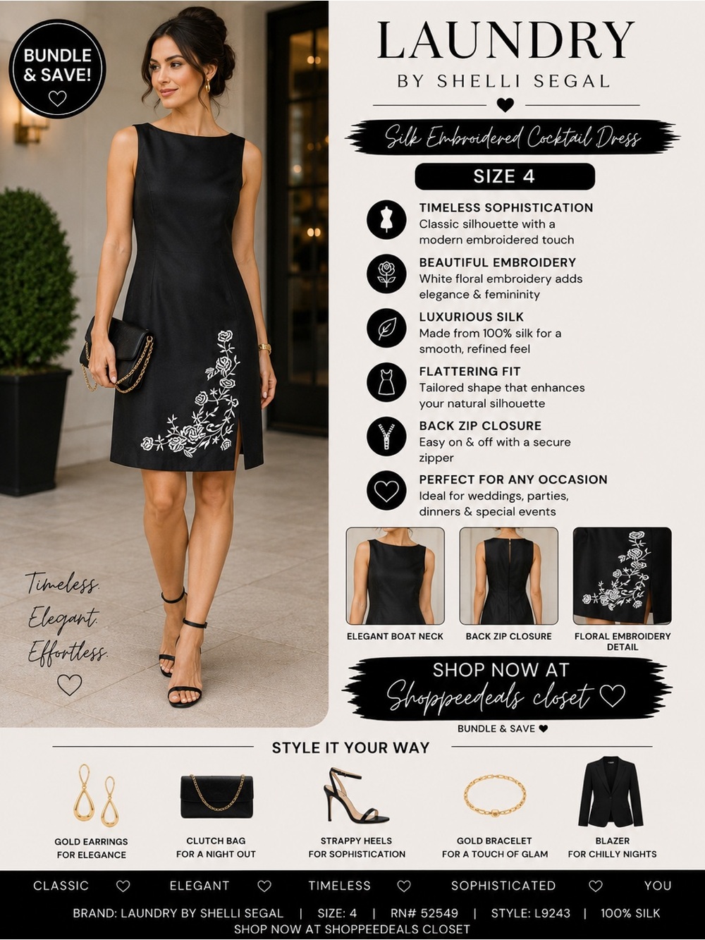 Laundry by Shelli Segal Black Silk Embroidered Cocktail Dress Size 4